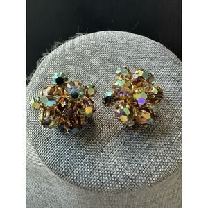 Vintage Castlecliff AB Crystal Rhinestone Cluster Clip On Earrings Gold Tone